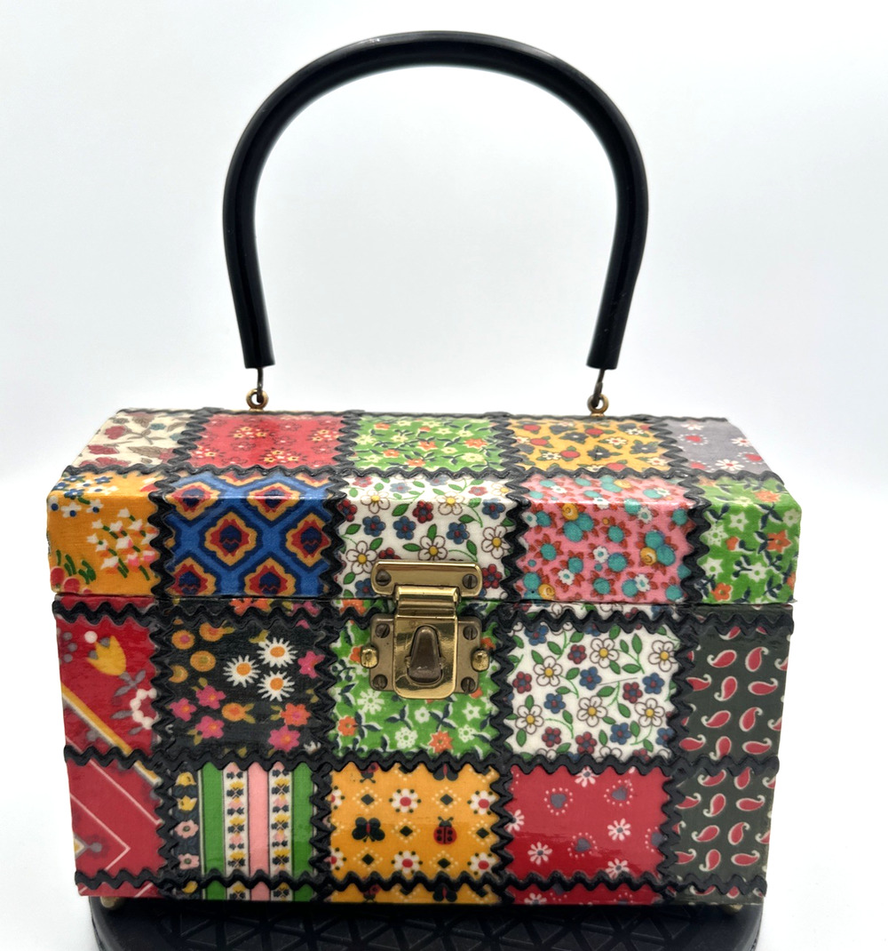 Beautiful 1960s Colorful Patchwork Box Purse Decoupage